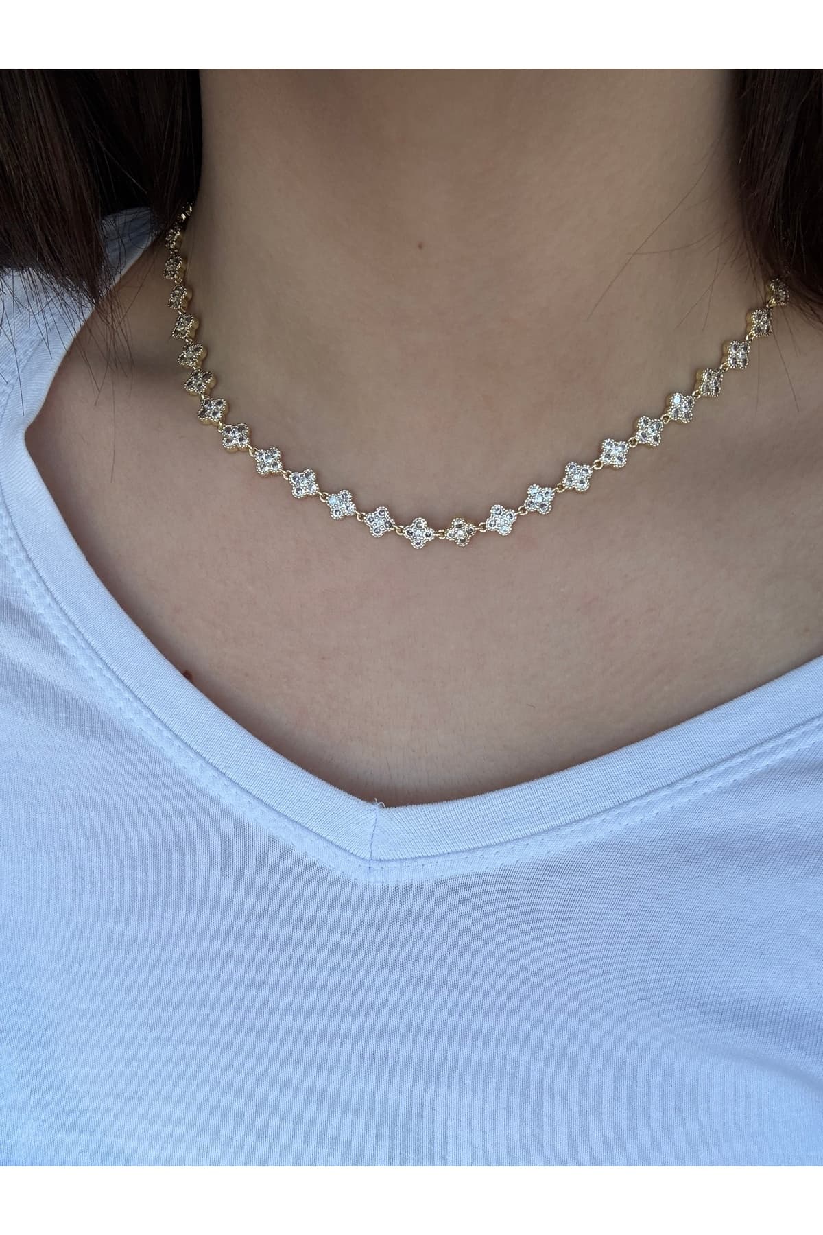 %100 Çelik zirkon taşlı Yonca suyolu Gold koye