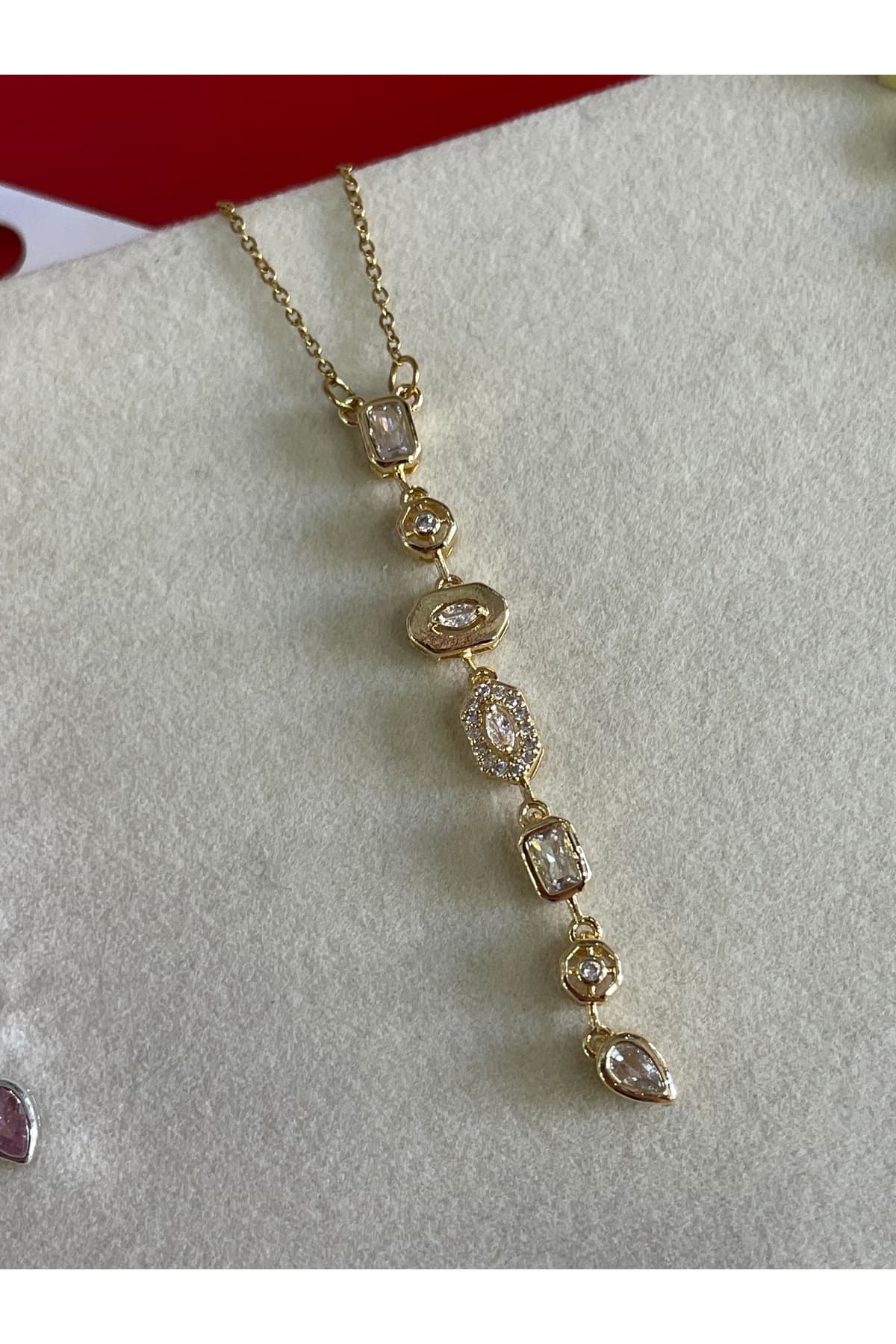 Vıp Paslanmaz Çelik Gold Geometrik Şekilli Özel Tasarım Zirkon Taşlı Y Dekolte Kolye