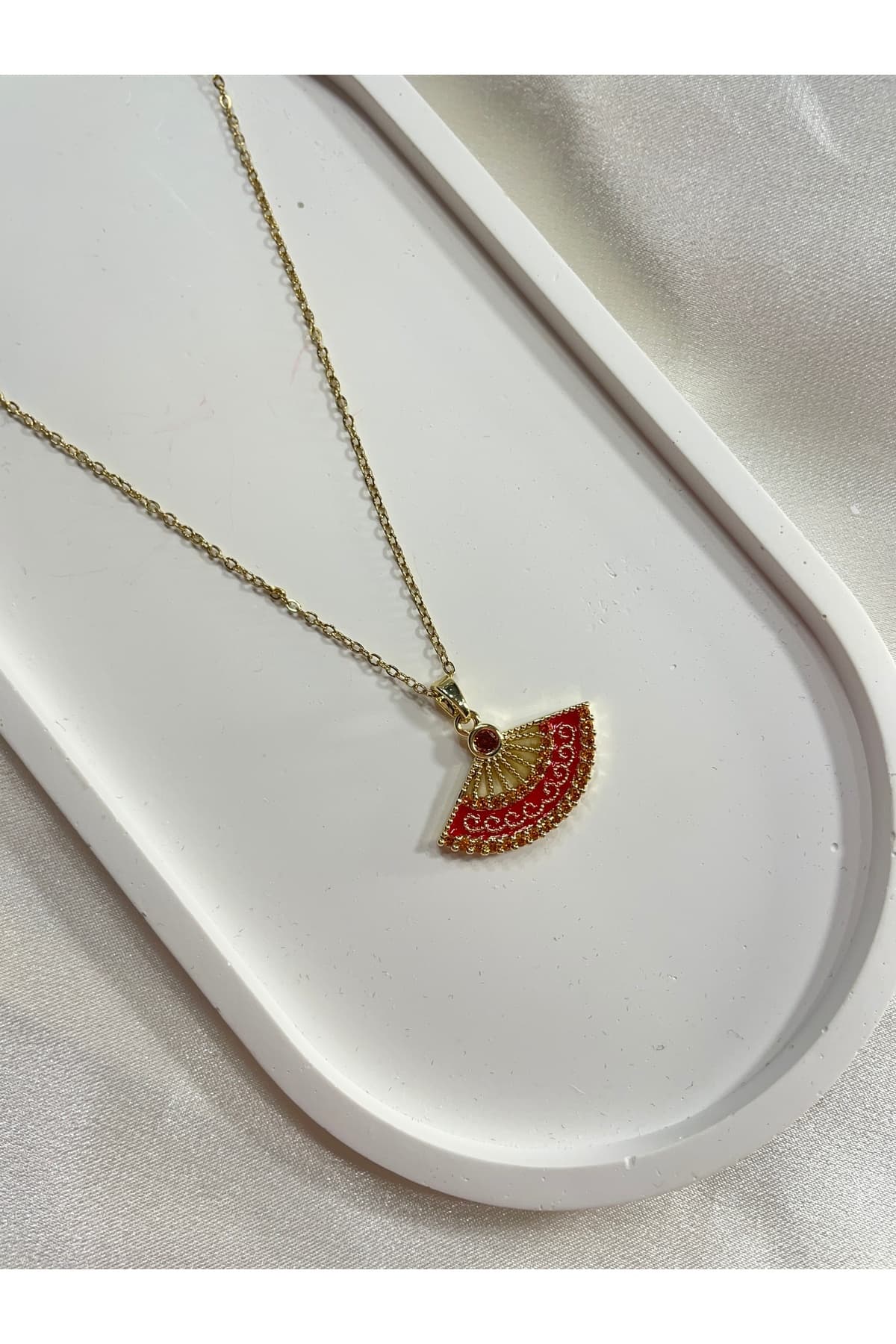 Vıp Çelik Gold Özel Tasarım Kırmızı Yelpaze Kolye