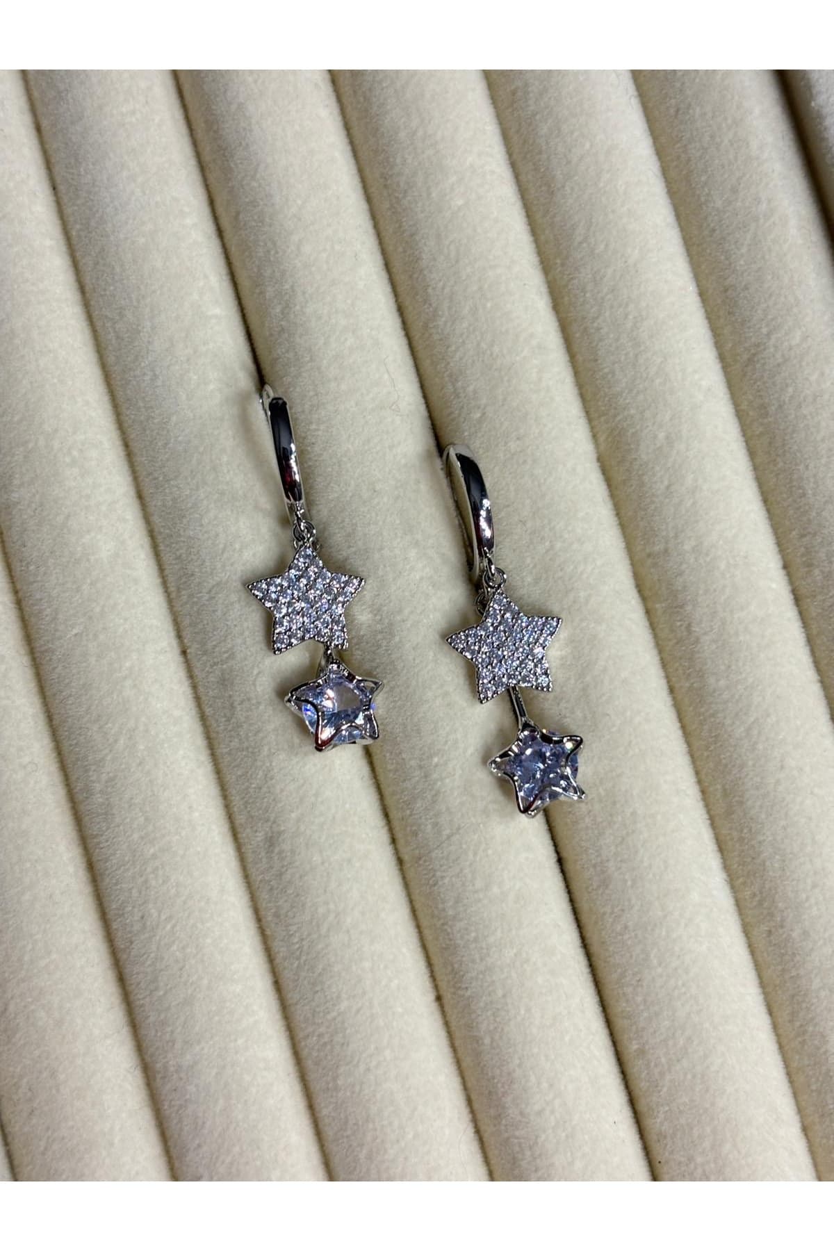 Vip model silver çift yıldız çelik gold küpe