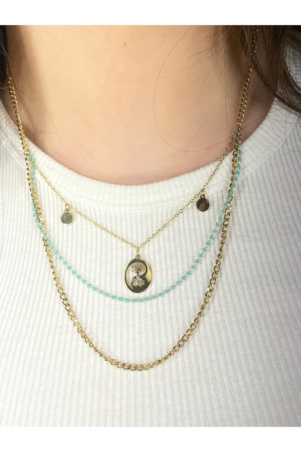 LOTUSBYBUKET çelik gold çok zincirli minimal detaylı özel tasarım kolye