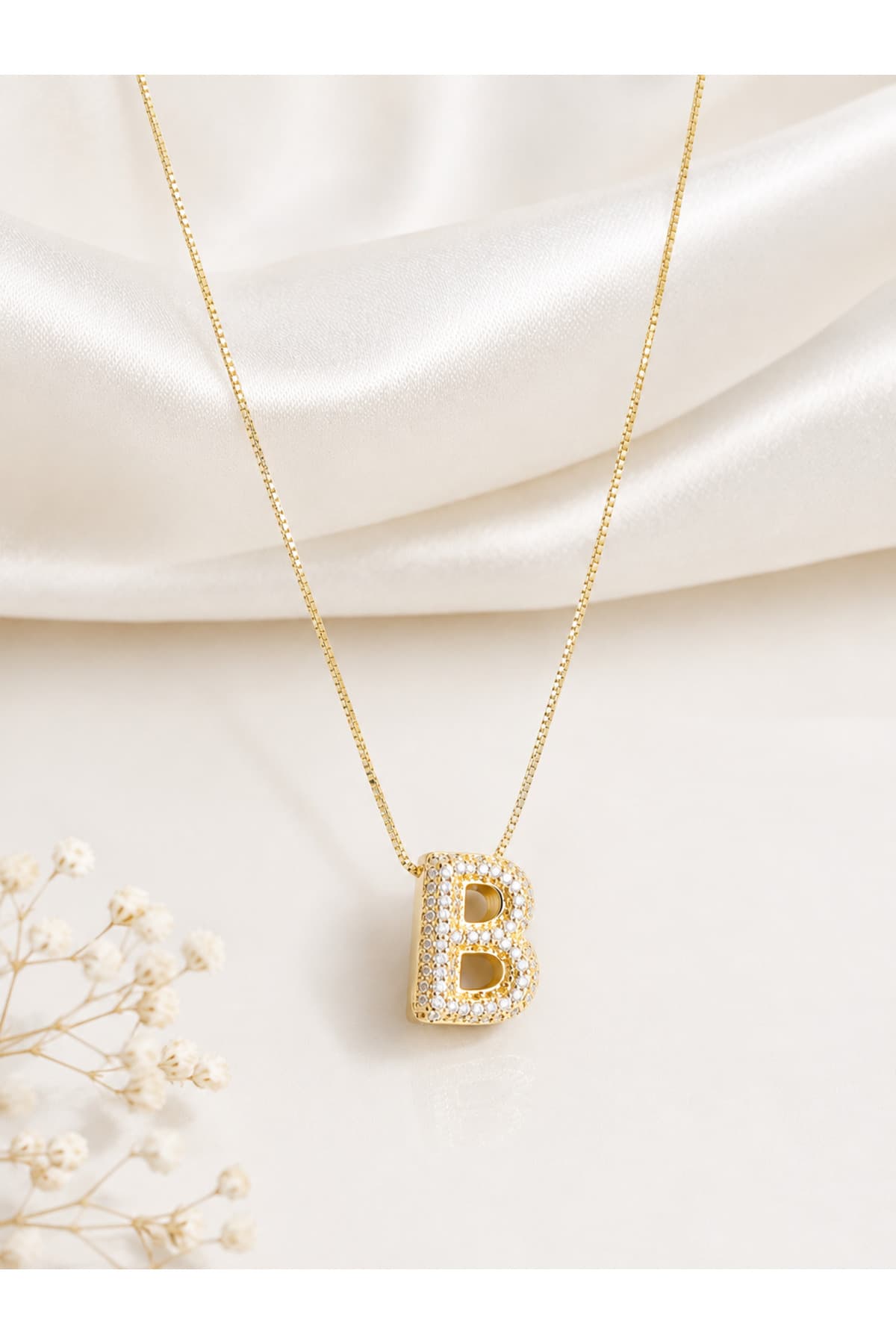 Zirkon taşlı balon model gold “B”harf kolye