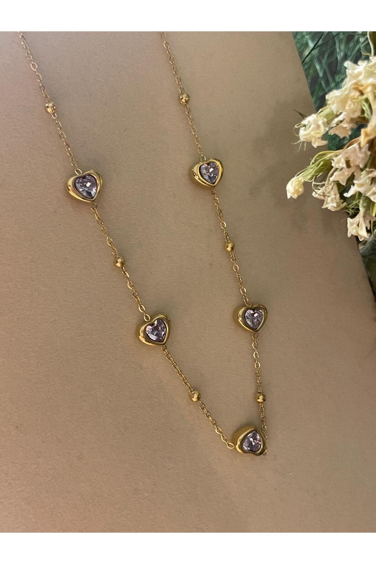 'lotusbybuket' çelik gold zincir zirkon kalp taşlı kolye