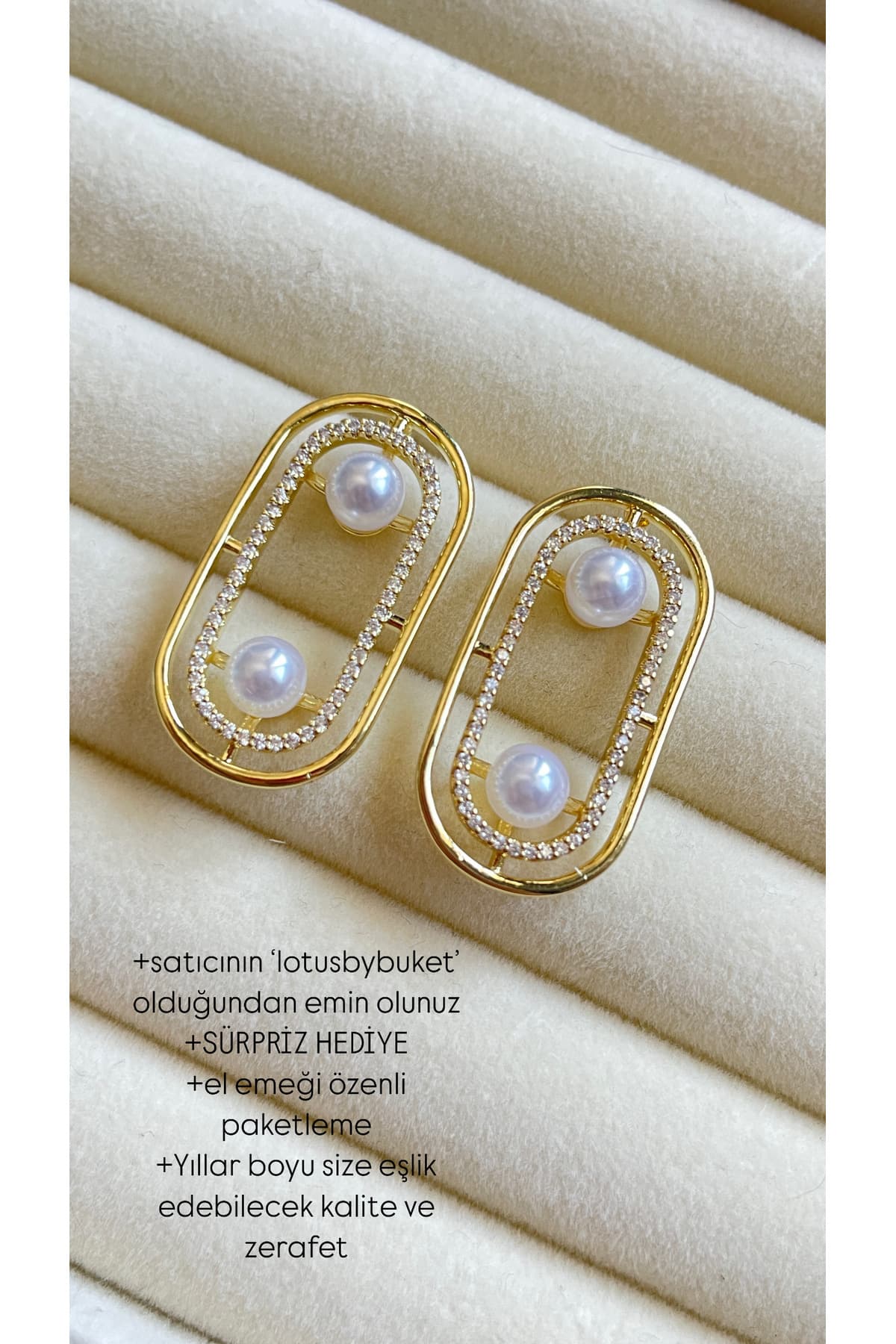 VIP Çelik gold 14 ayar altın rengi zirkon taşlı inci detay küpe