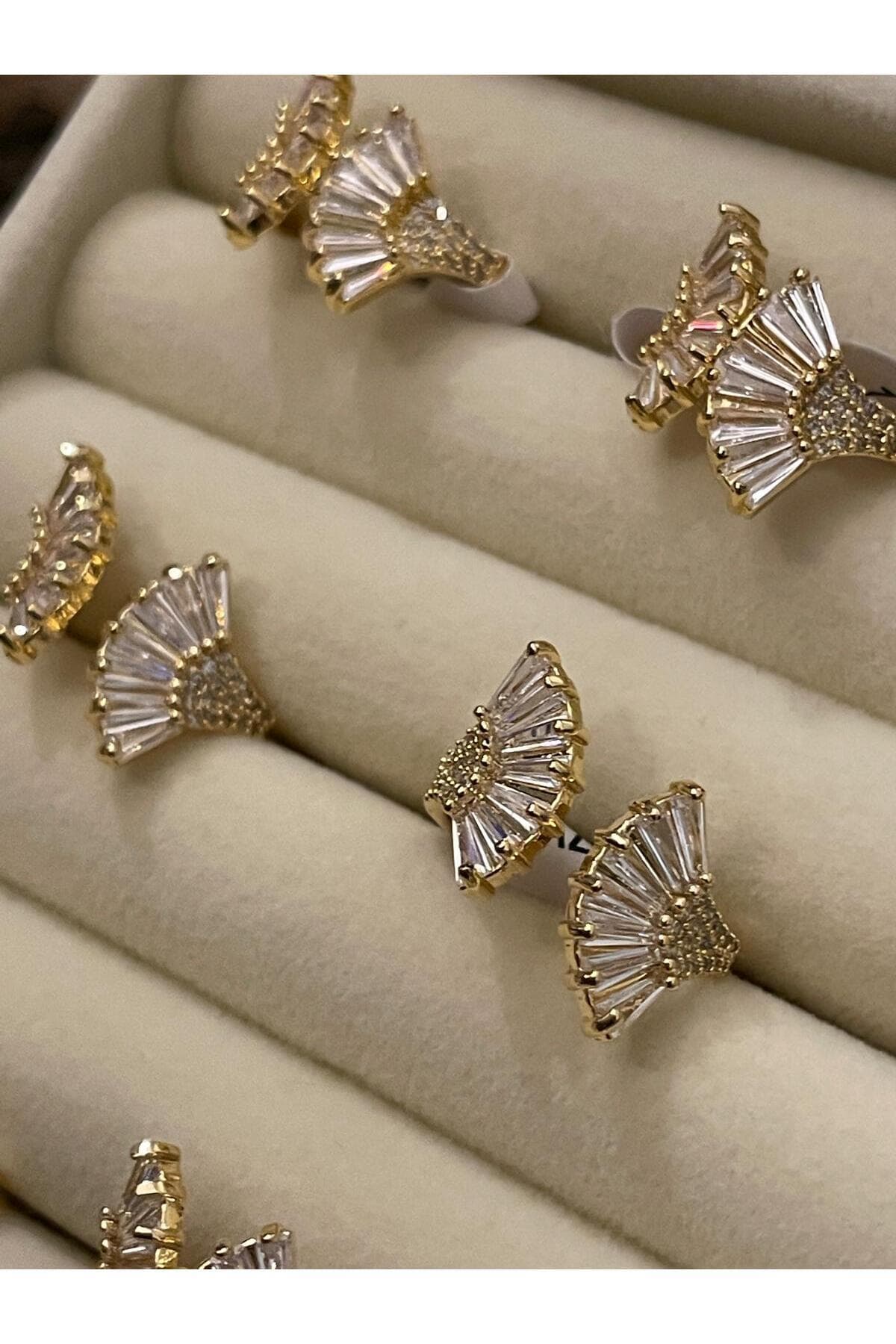 'lotusbybuket' çelik gold zirkon taşlı çift yelpaze ayarlanabilir yüzük