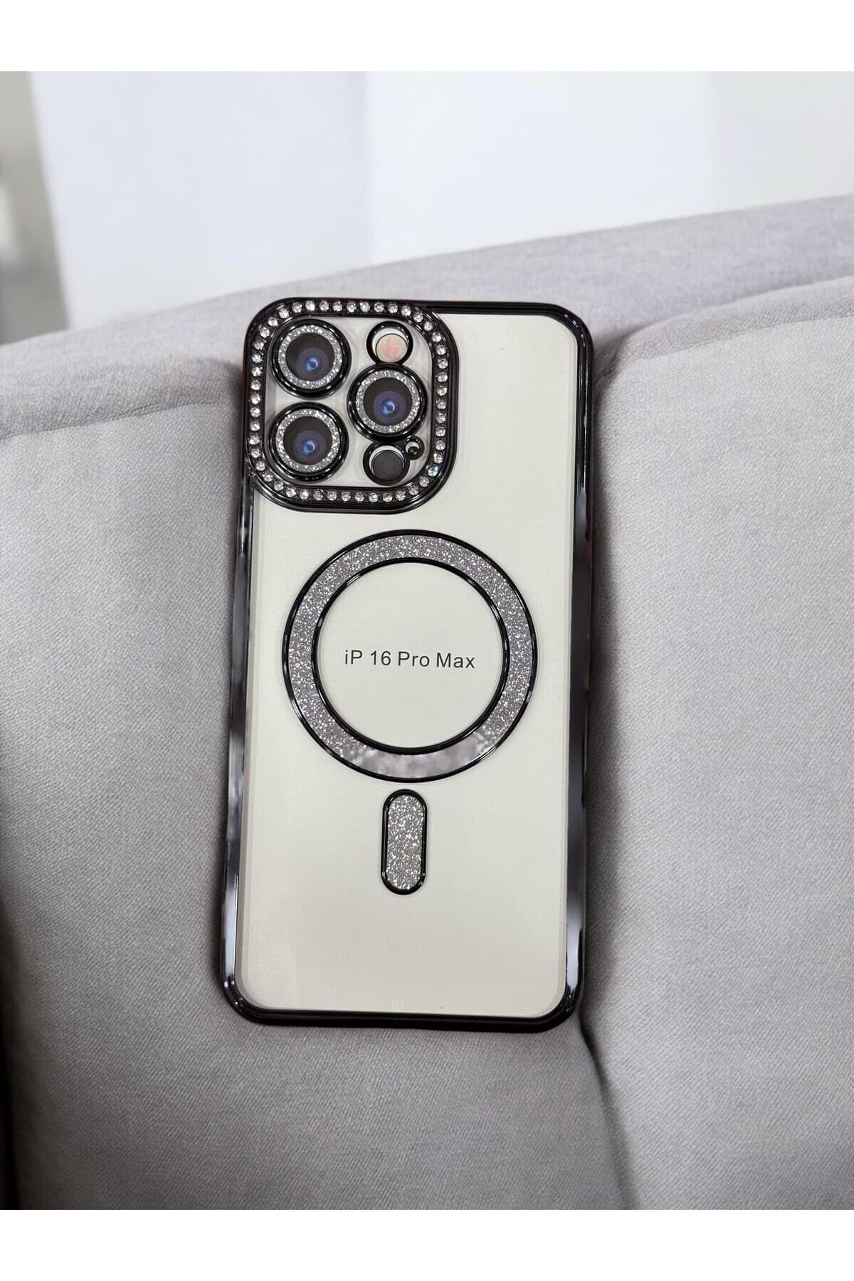 İphone16 Promax Ile Uyumlu Magsafeli Zirkon Taşlı Siyah-şeffaf Kılıf