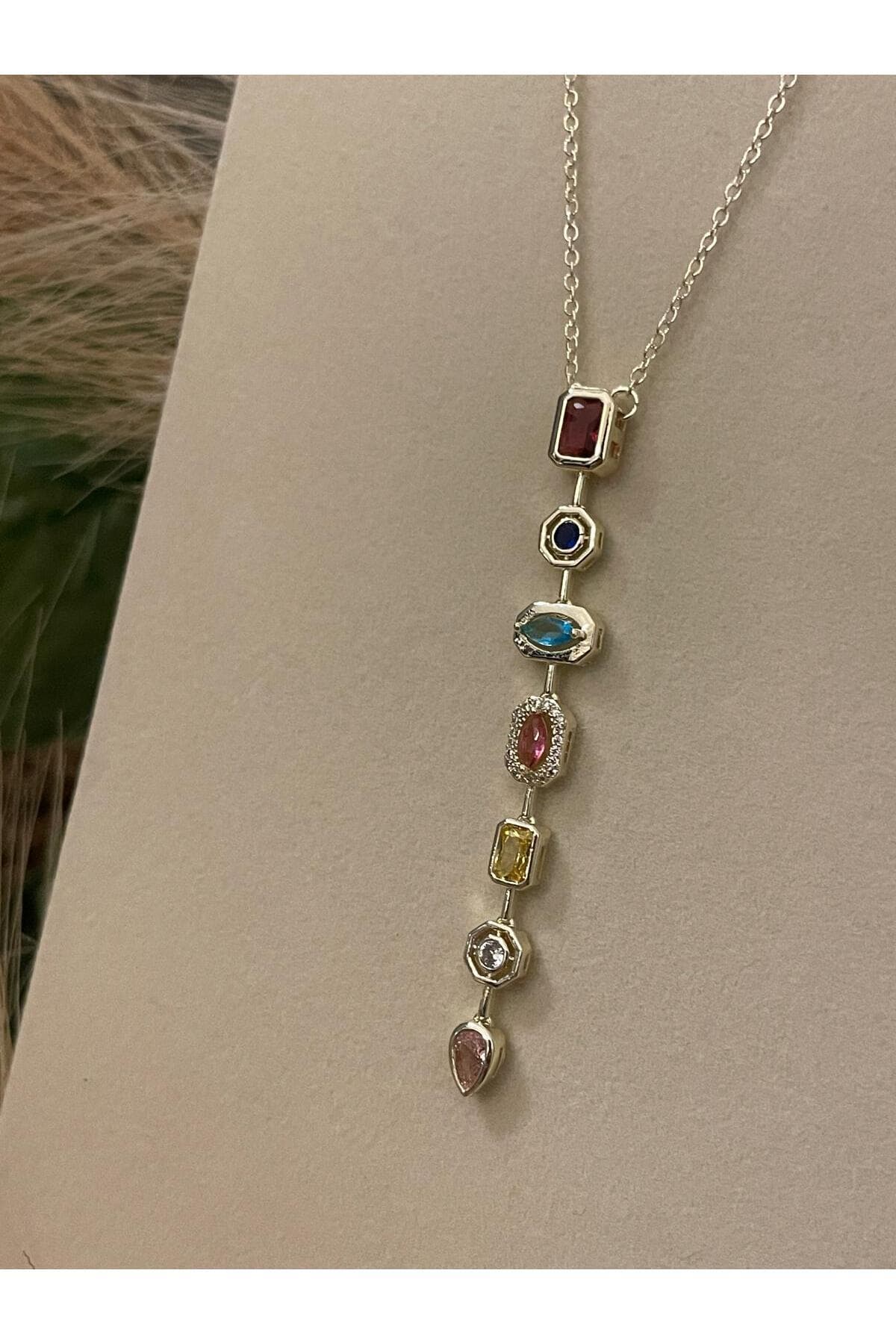 'lotusbybuket' çelik gold çok renkli zirkon geometrik taşlı özel tasarım Y dekolte kolye