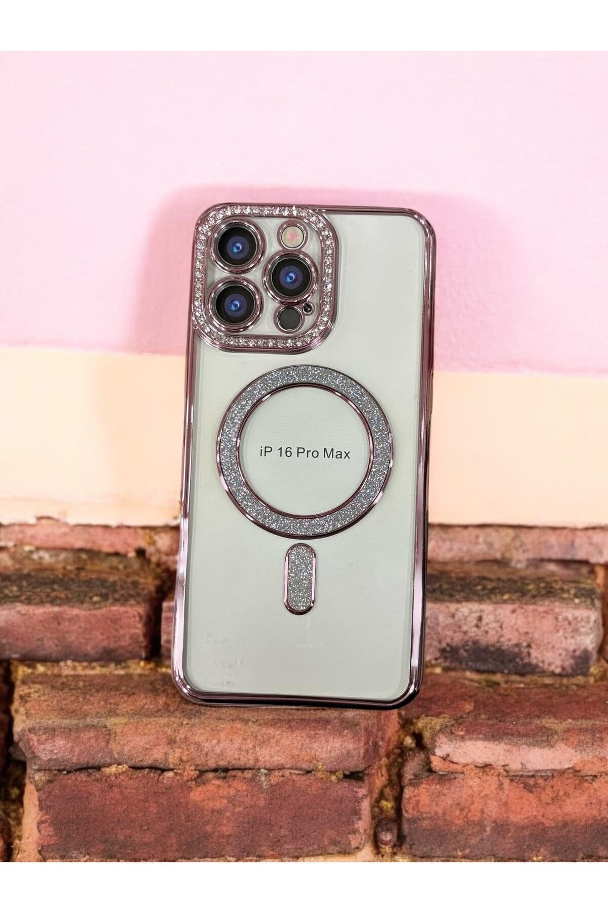 İphone16 Promax Ile Uyumlu Magsafeli Zirkon Taşlı Pembe-şeffaf Kılıf