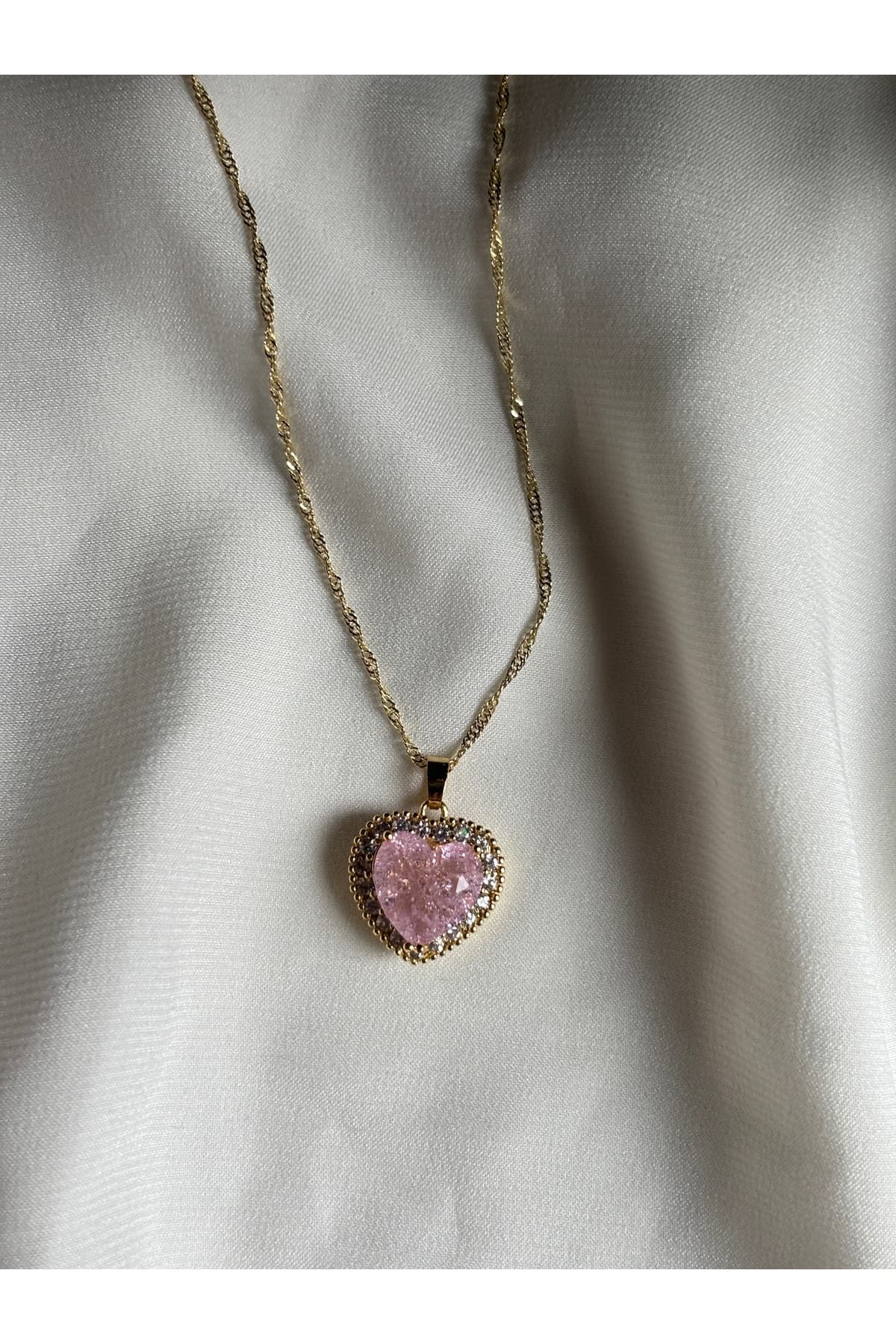 Paslanmaz çelik sarmal gold zincir pembe kalp zirkon taş kolye