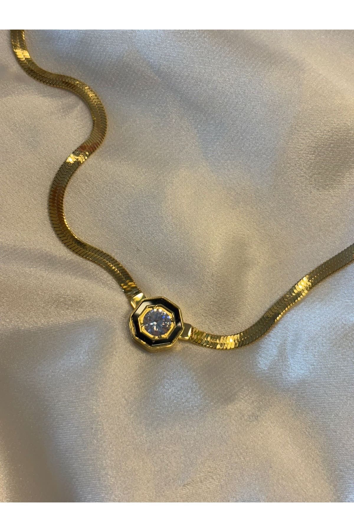 Lotusbybuket Kararmaz Çelik Gold Siyah Mineli Italyan Zincir Serenay Kolye
