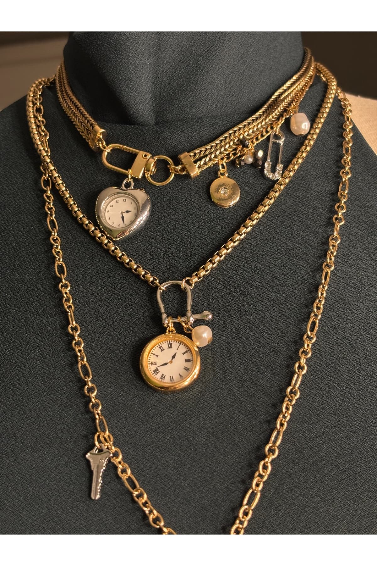 Çelik Gold çoklu zincir özel tasarım marka model saat kolye