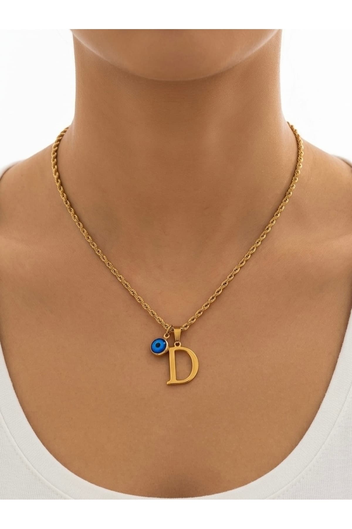 Paslanmaz Çelik Gold Nazar boncuklu D harf Kolye sarmal zincir(45 cm)