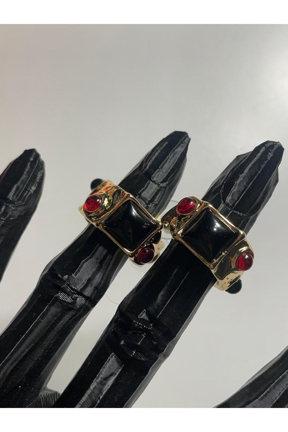 LOTUSBYBUKET çelik gold minamal(kırmızı,siyah) taş detaylı vintage özel tasarım halka küpe