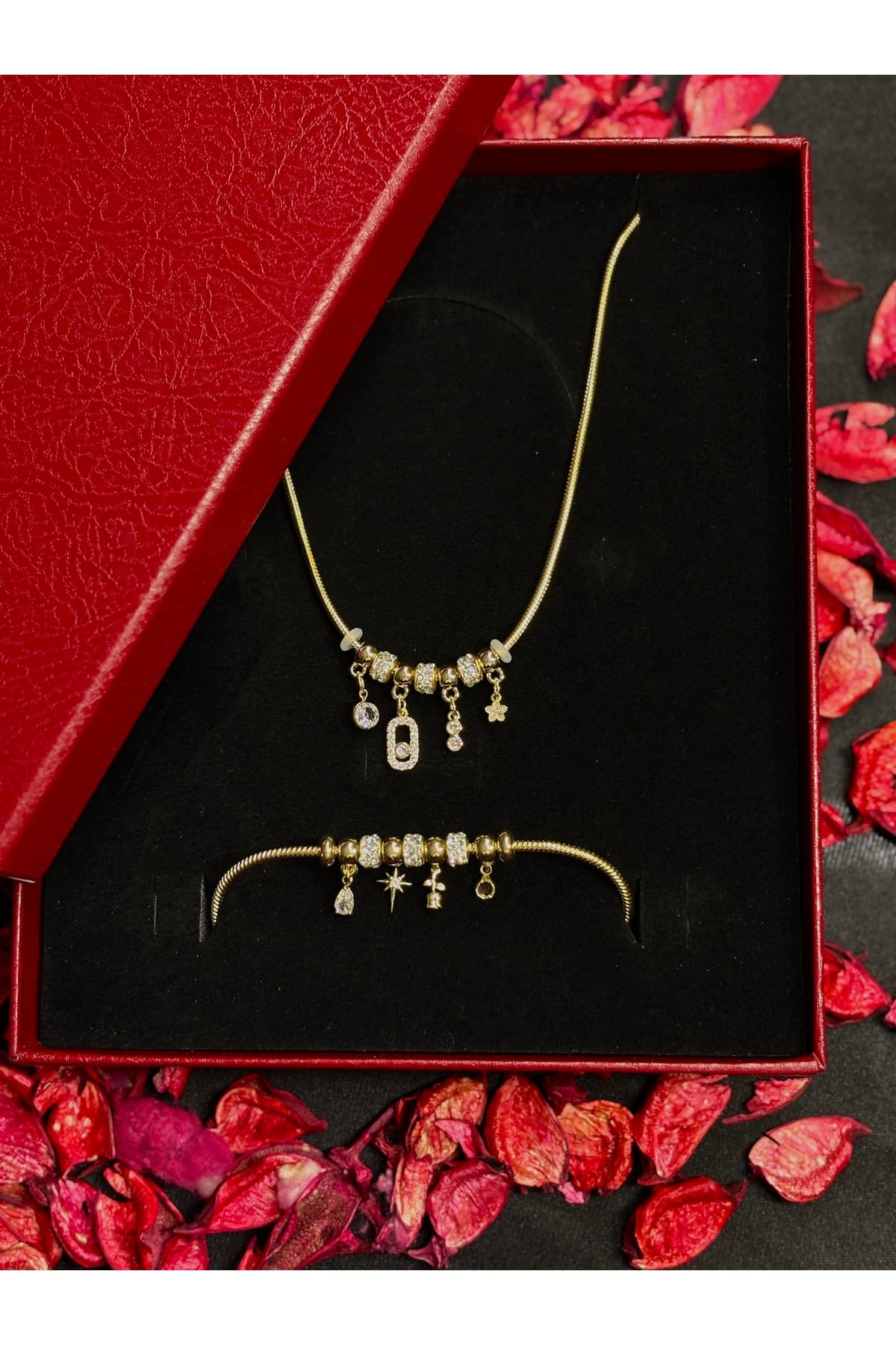 Sevgililer günü özel Gold Charmlı kolye&bileklik set