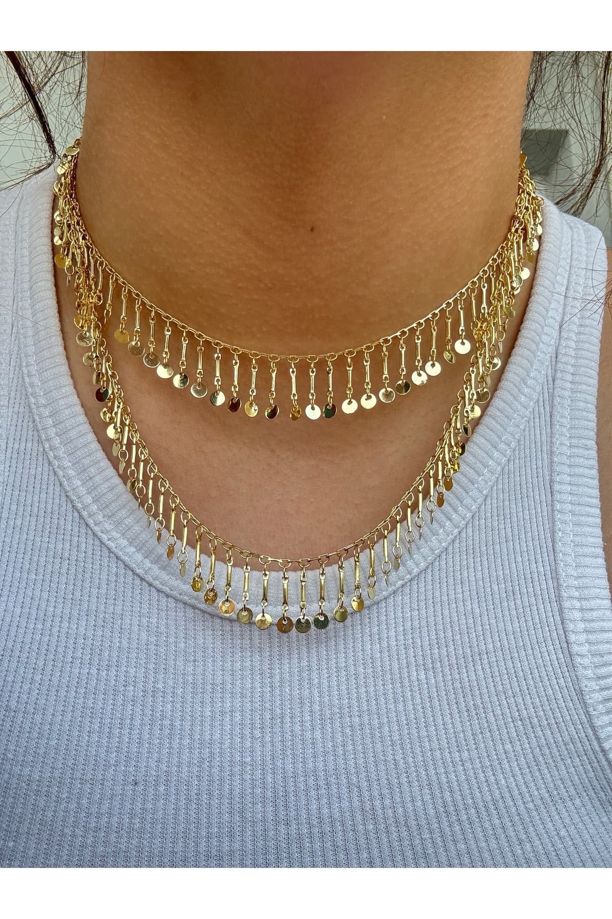 14K altın kaplama sallantılı püsküllü gold kolye(70 cm)