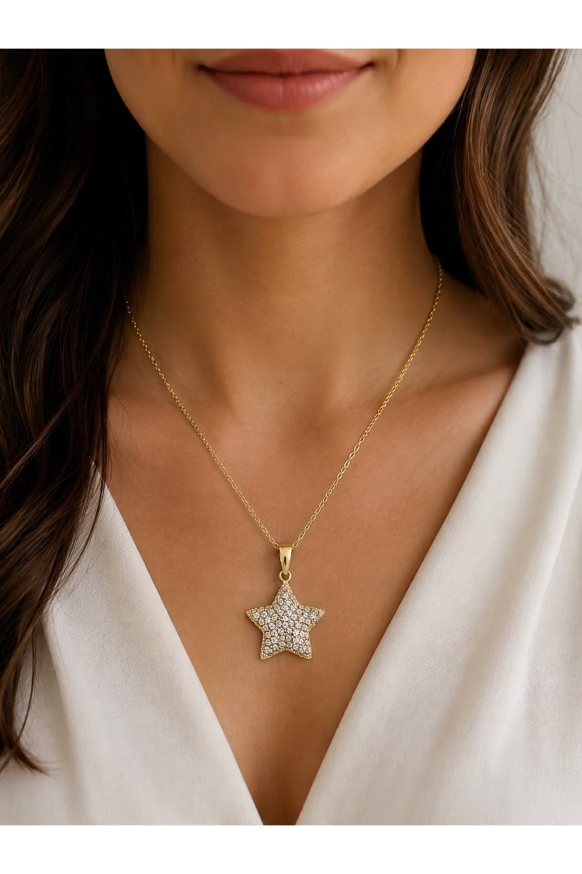 Trend yıldız model gold zirkon taşlı büyük boy çelik kolye