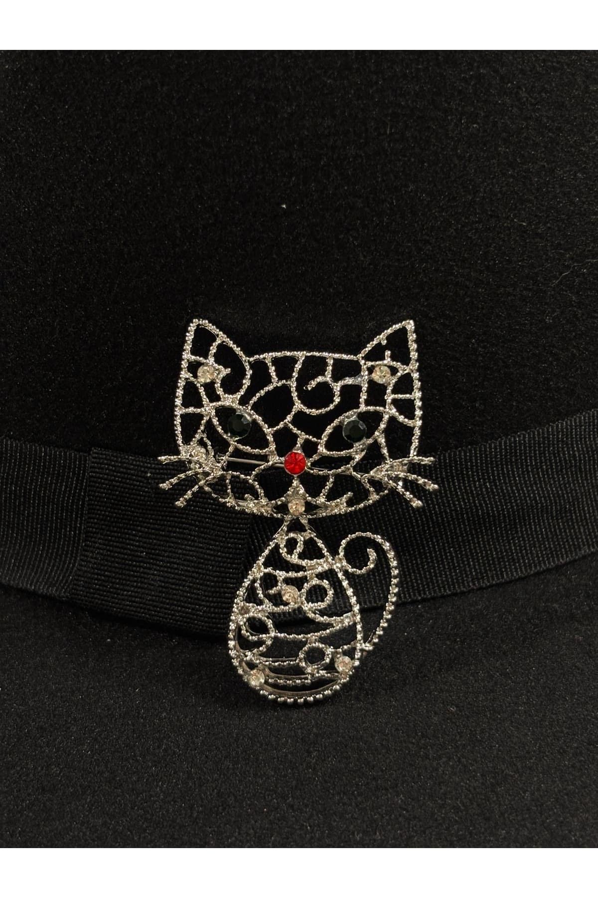 Vip çelik silver kedi figürlü kararmayan zirkon taşlı broş