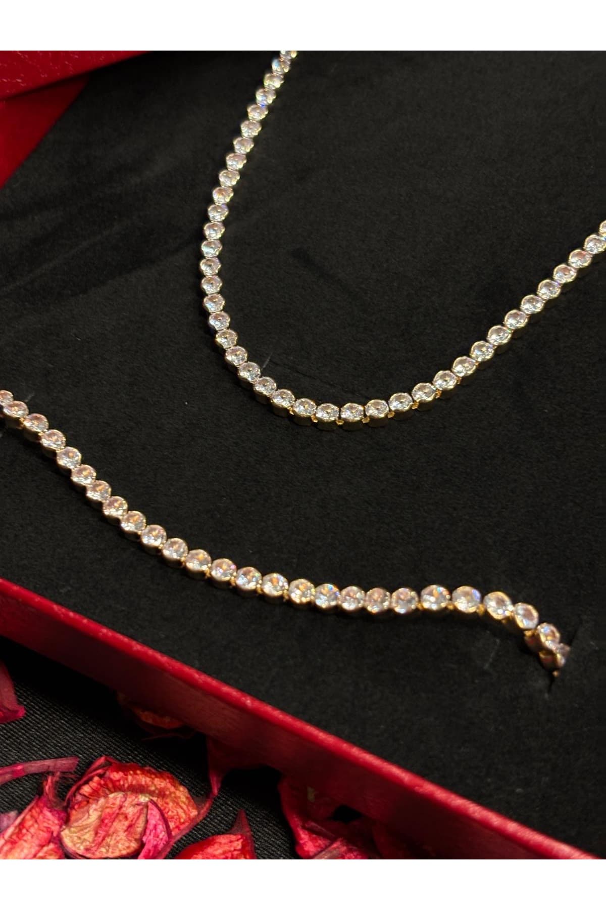 Sevgililer günü özel seri gold suyolu zirkon taşlı kolye bileklik takı seti