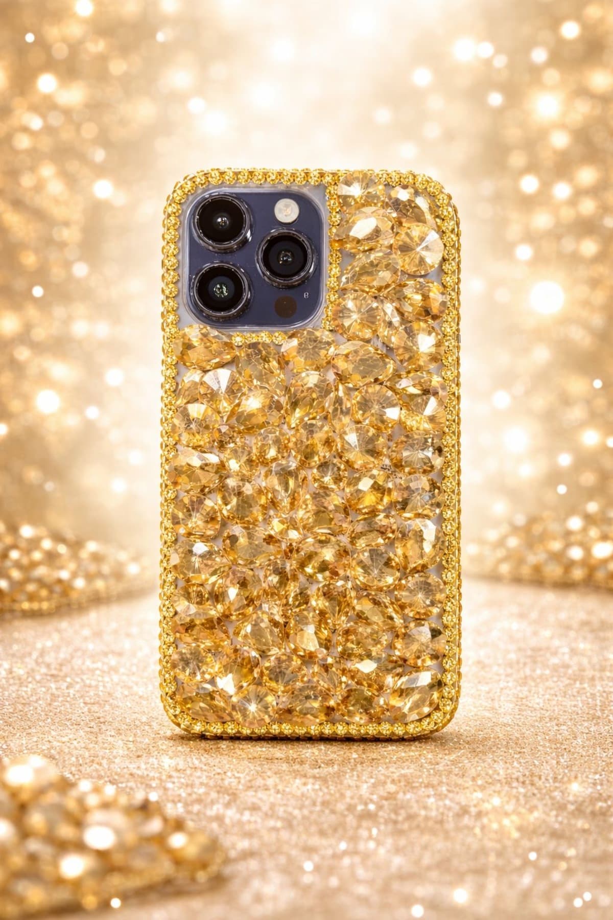 İphone 14promax uyumlu kristal taşlı gold kılıf