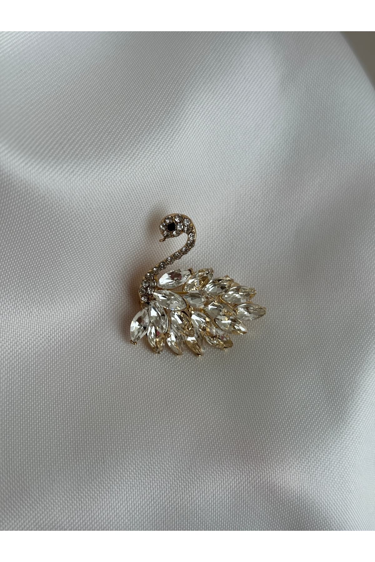 Taşlı Gold kuğu figürlü broş