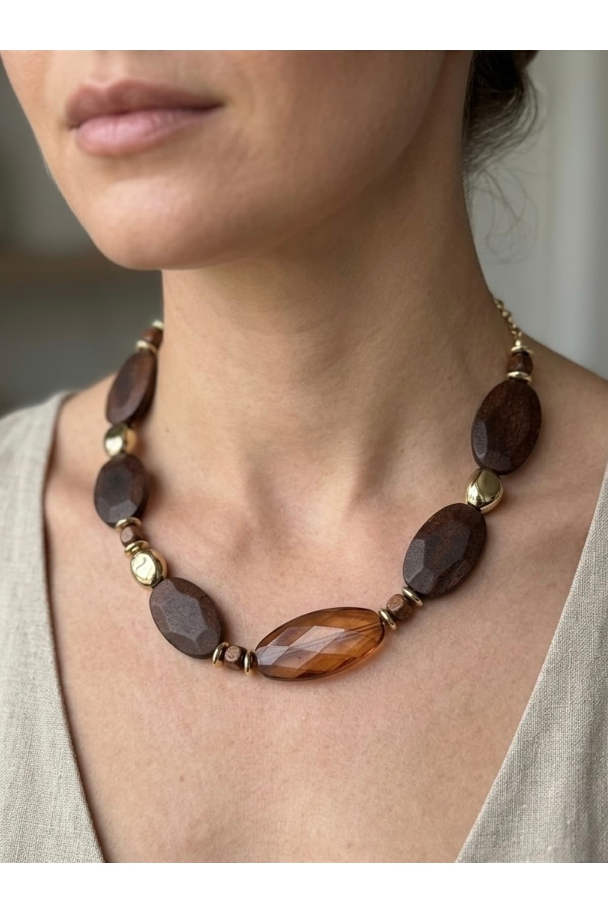 Kahverengi doğal taşlı boho tarz kolye